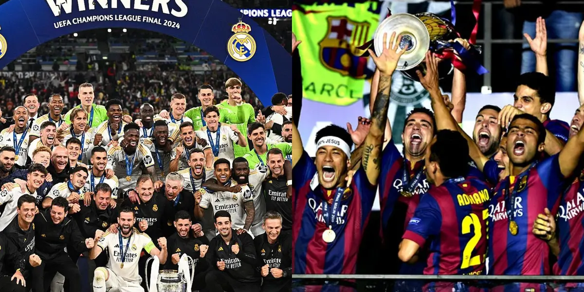 A la izquierda el Madrid levantando la Champions de este sábado, a la derecha el Barça con su última Champions de 2015.