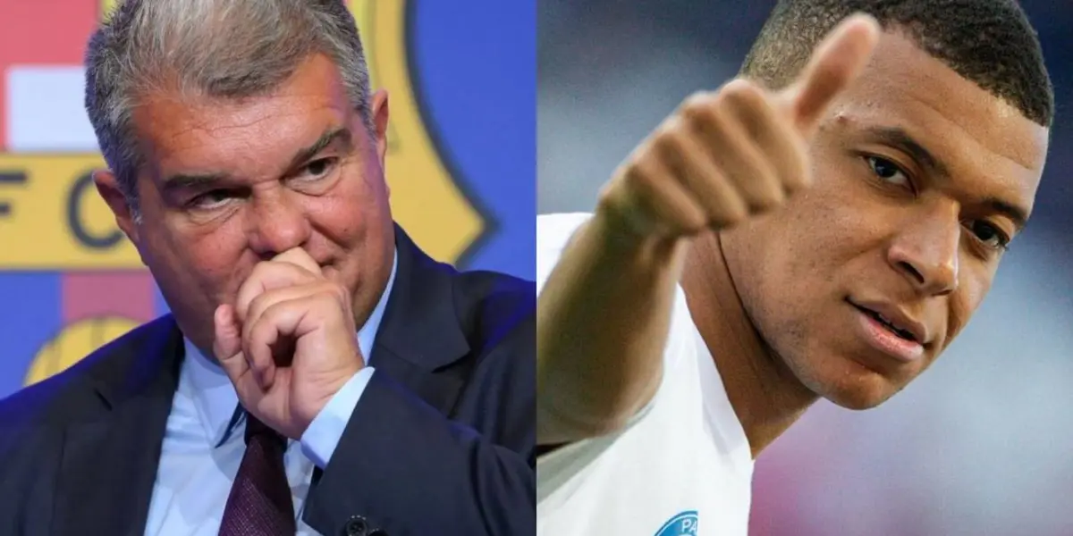 A la izquierda Joan Laporta, presidente del Barcelona, a la derecha Mbappé, flamante fichaje del Madrid.