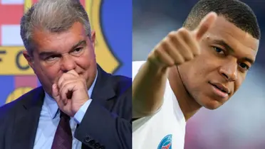 A la izquierda Joan Laporta, presidente del Barcelona, a la derecha Mbappé, flamante fichaje del Madrid.