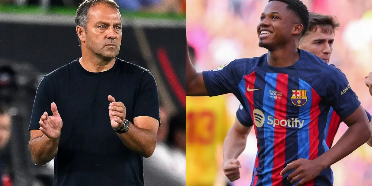 Ansu Fati festeja su gol con el Barça y Hansi Flick aplaude. (Foto: collage)