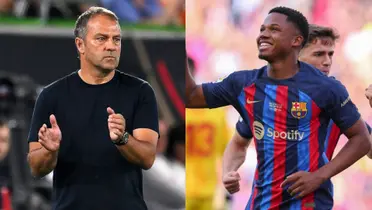 Ansu Fati festeja su gol con el Barça y Hansi Flick aplaude. (Foto: collage)