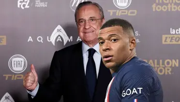 Florentino Pérez en un acto de presentación y Kylian Mbappé con la camiseta del PSG.