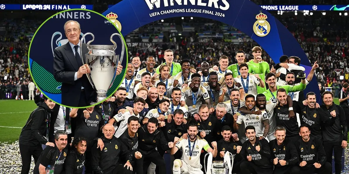 Florentino Pérez levantando la Champions, al igual que la delegación del Madrid.