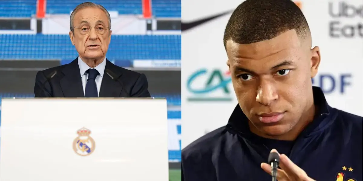 Florentino Pérez y Kylian Mbappé, ambos en rueda de prensa.