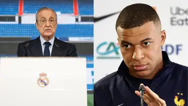 Florentino Pérez y Kylian Mbappé, ambos en rueda de prensa.