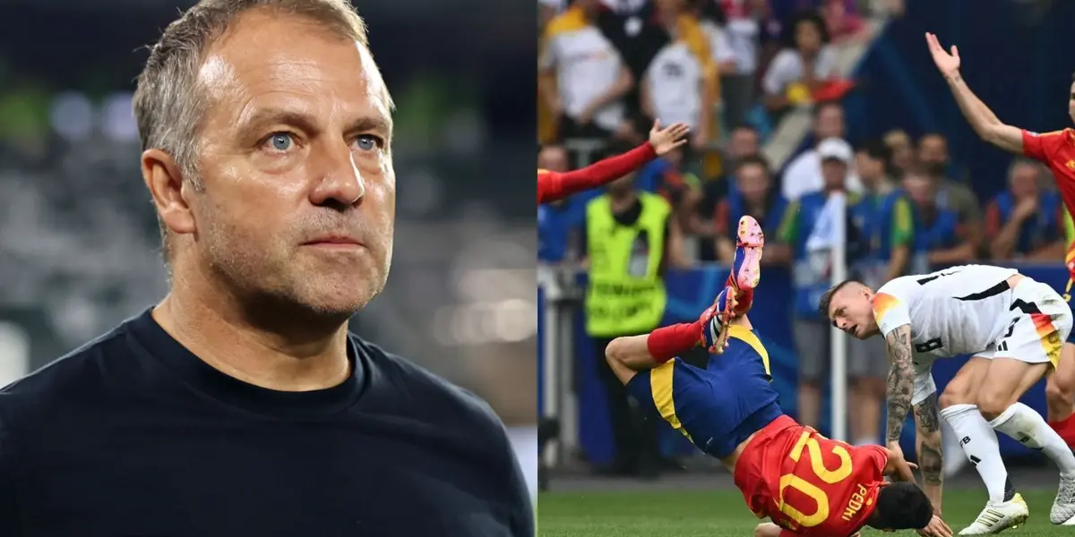 Hansi Flick en el Bayern Múnich; Pedri cae al suelo tras la patada de Kroos. (Foto: collage)