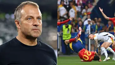 Hansi Flick en el Bayern Múnich; Pedri cae al suelo tras la patada de Kroos. (Foto: collage)