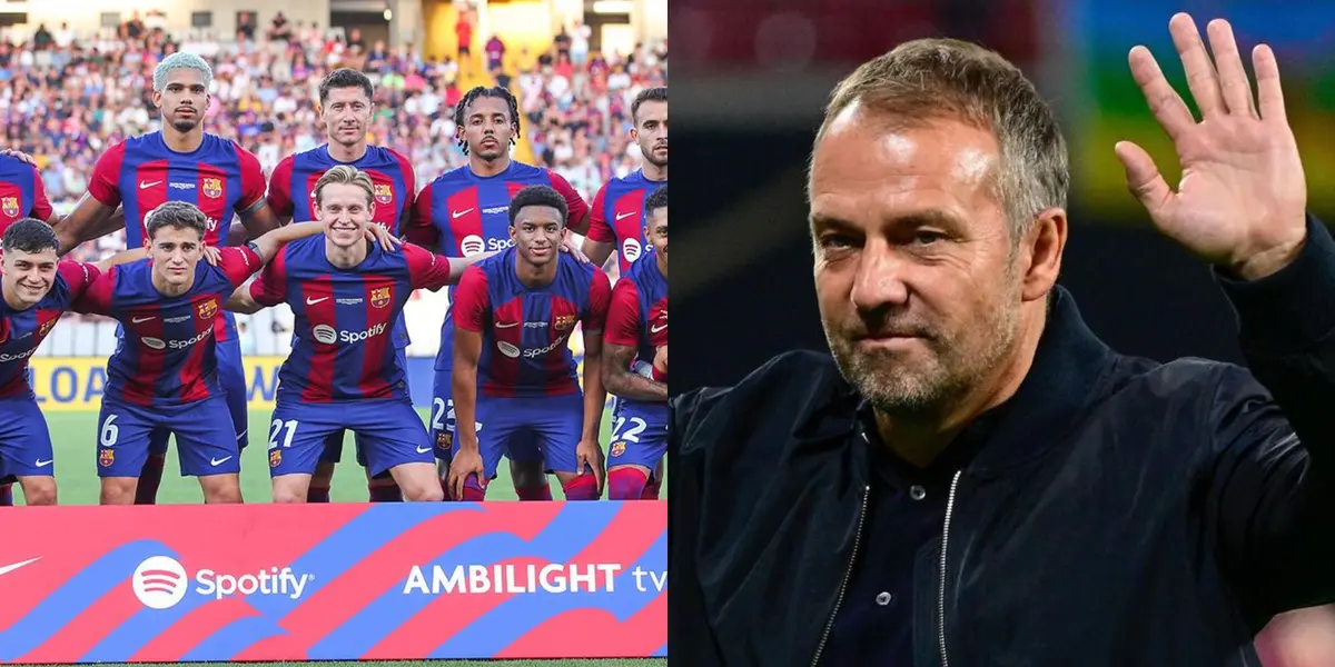 Hansi Flick saluda, a su lado la alineación del Barcelona. (Foto: Collage)