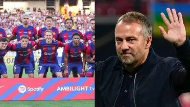 Hansi Flick saluda, a su lado la alineación del Barcelona. (Foto: Collage)