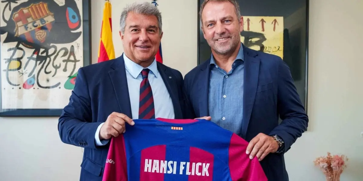 Hansi Flick y Laporta en la presentación del DT.