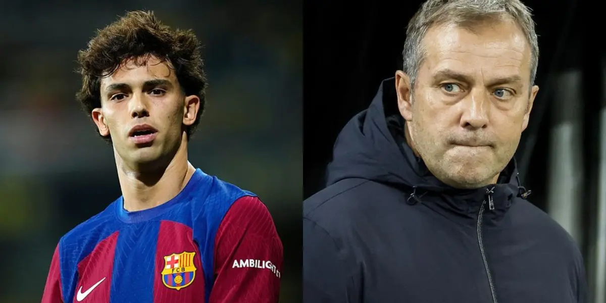 Joao Félix con la camiseta del FC Barcelona y Hansi Flick, su nuevo DT.