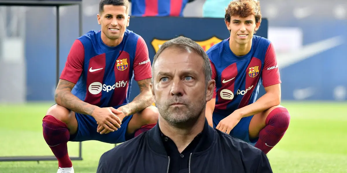 Joao Félix y Joao Cancelo en su presentación como jugadores del Barça y Hansi Flick, nuevo DT.