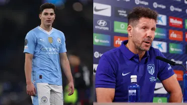 Julián Álvarez con la camiseta del Manchester City y el Cholo Simeone en rueda de prensa.