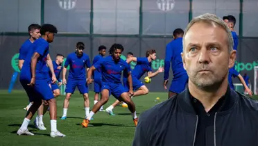 La plantilla del FC Barcelona entrenando.