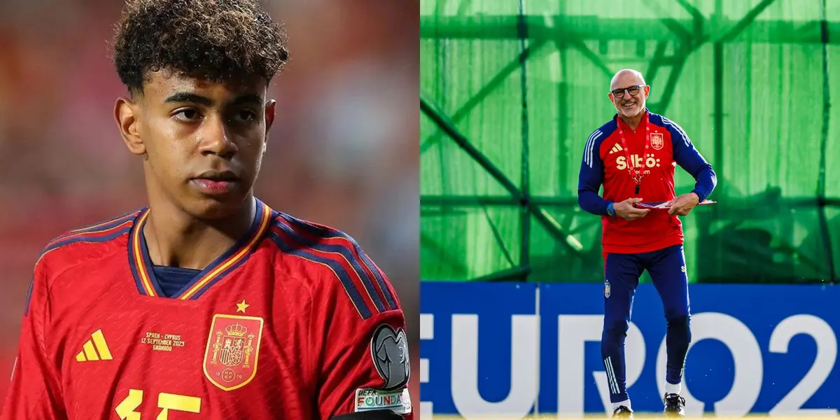 Lamine Yamal con España y De La Fuente durante el entrenamiento. (Foto: Collage)