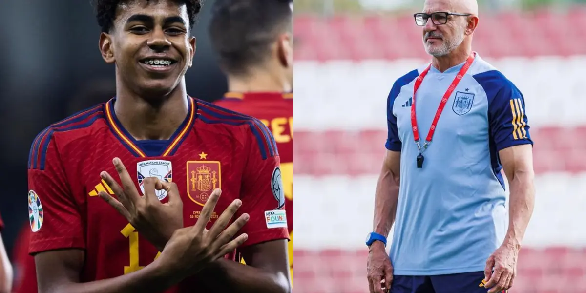 Lamine Yamal festejando y Luis De La Fuente durante el entrenamiento.