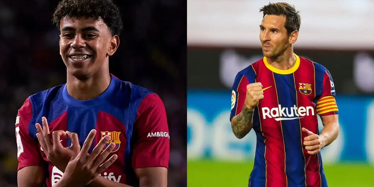 Lamine Yamal y Lionel Messi con la camiseta del FC Barcelona.