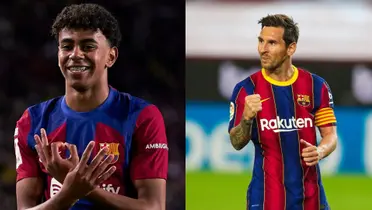 Lamine Yamal y Lionel Messi con la camiseta del FC Barcelona.