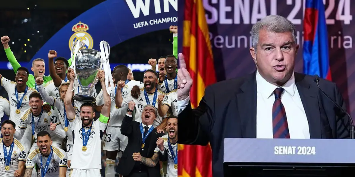 Laporta en la sesión del Senado del FC Barcelona y el Real Madrid levantando la Champions de este año.