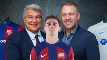 Laporta y Flick reunidos y Gavi con la camiseta del Barcelona.