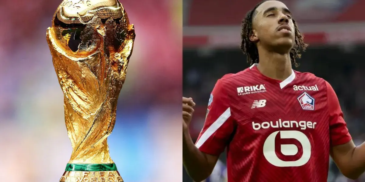 Leny Yoro con la camiseta del Lille y la Copa del Mundo.