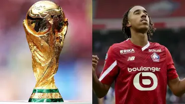 Leny Yoro con la camiseta del Lille y la Copa del Mundo.