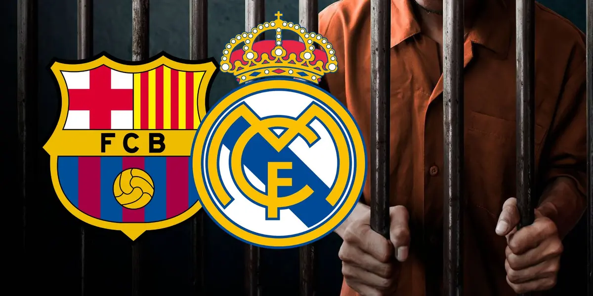 Los escudos del FC Barcelona y el Real Madrid, junto a un hombre en prisión.