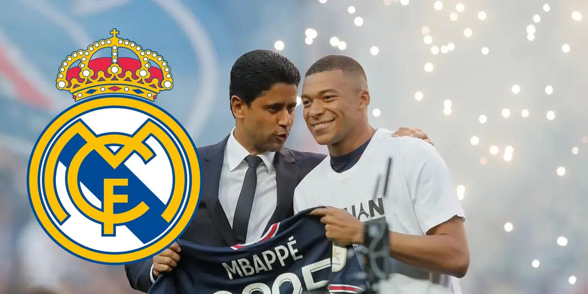 Mbapé junto a Al-Khelaifi en el anuncio que finalmente no fue.