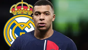 Mbappé con el escudo del Real Madrid.