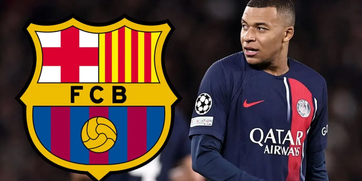 Mbappé y el escudo del Barcelona.