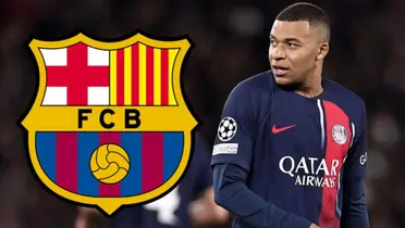 Mbappé y el escudo del Barcelona.