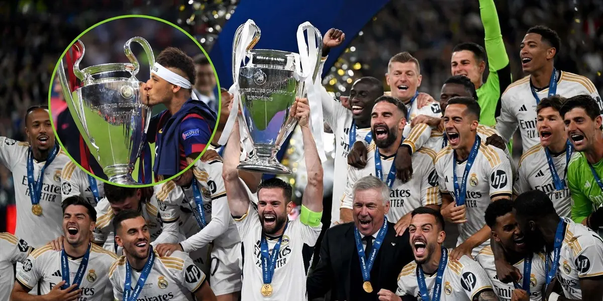 Neymar con la Champions que ganó con Barcelona y el Madrid con la reciente Orejona de Londres.