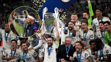 Neymar con la Champions que ganó con Barcelona y el Madrid con la reciente Orejona de Londres.