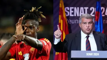 Nico Williams celebrando su gol con España y Joan Laporta en el recinto del Barça. (Foto: collage)