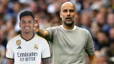 Rodrygo con la camiseta del Real Madrid y Josep Guardiola en acción con el Manchester City.