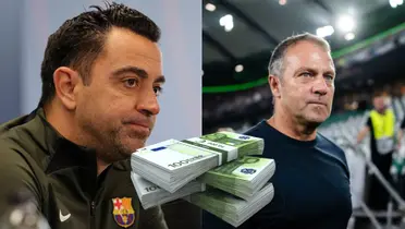 Xavi Hernández en rueda de prensa y Hansi Flick como entrenador del Bayern Múnich.